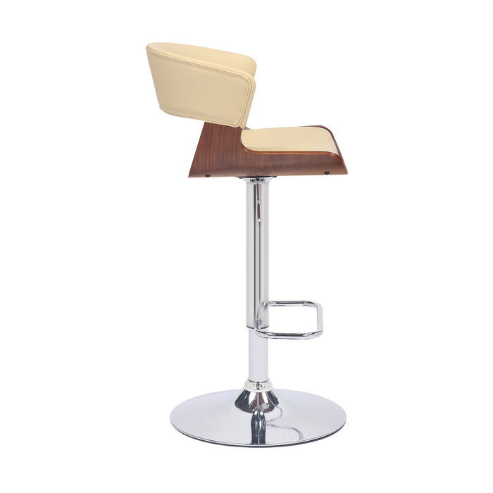 Karine Adjustable Swivel Cream Faux Leather and Walnut Wood Bar Stool with Chrome Base