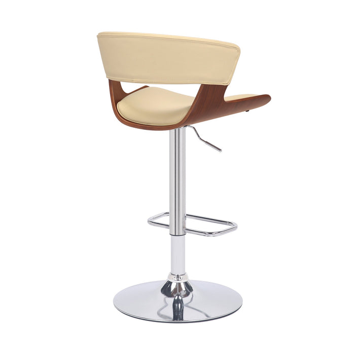 Karine Adjustable Swivel Cream Faux Leather and Walnut Wood Bar Stool with Chrome Base