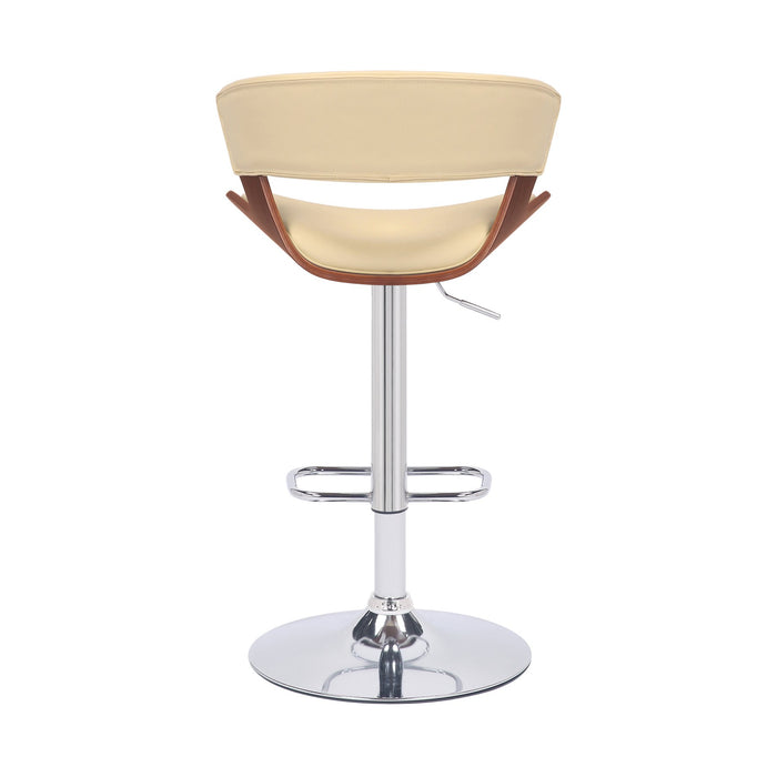 Karine Adjustable Swivel Cream Faux Leather and Walnut Wood Bar Stool with Chrome Base
