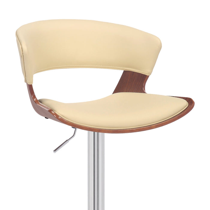 Karine Adjustable Swivel Cream Faux Leather and Walnut Wood Bar Stool with Chrome Base