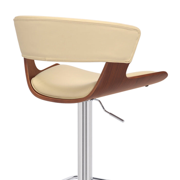 Karine Adjustable Swivel Cream Faux Leather and Walnut Wood Bar Stool with Chrome Base