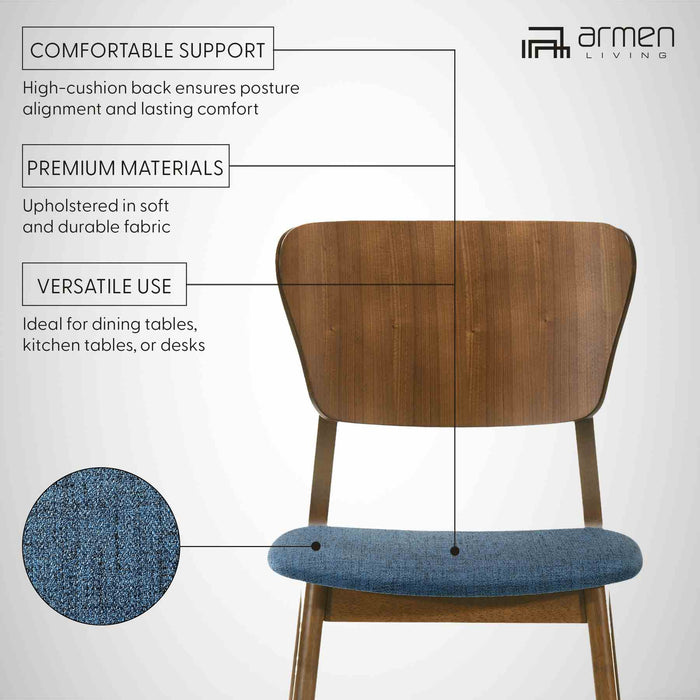 Kalia Wood Dining Chair in Walnut Finish with Blue Fabric - Set of 2