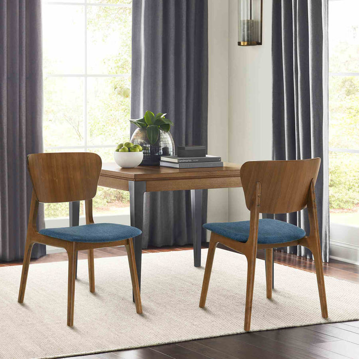 Kalia Wood Dining Chair in Walnut Finish with Blue Fabric - Set of 2