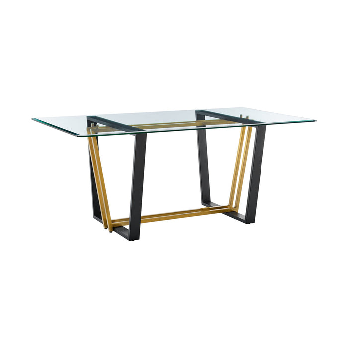 Kai 72" Rectangular Dining Table in Gold Stainless Steel and Black Iron Base with Glass Tabletop