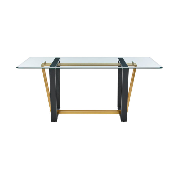 Kai 72" Rectangular Dining Table in Gold Stainless Steel and Black Iron Base with Glass Tabletop