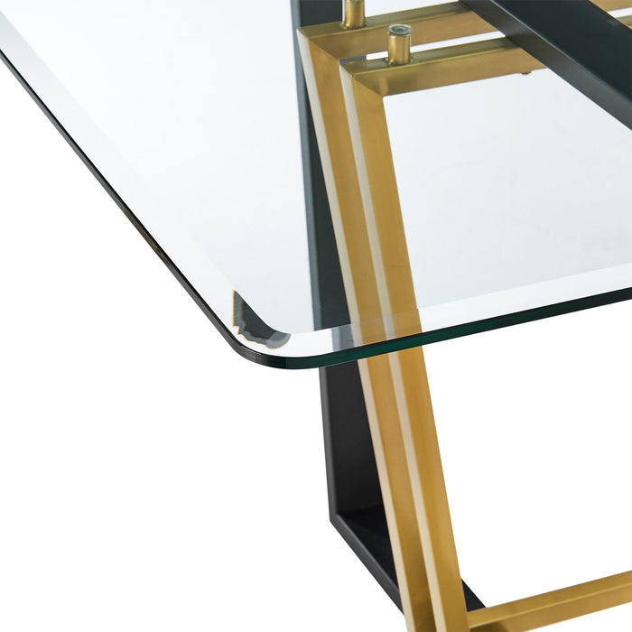 Kai 72" Rectangular Dining Table in Gold Stainless Steel and Black Iron Base with Glass Tabletop