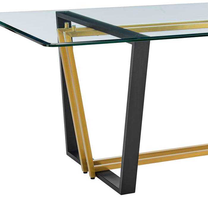 Kai 72" Rectangular Dining Table in Gold Stainless Steel and Black Iron Base with Glass Tabletop