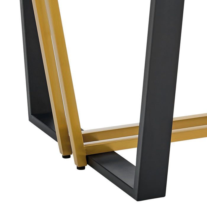 Kai 72" Rectangular Dining Table in Gold Stainless Steel and Black Iron Base with Glass Tabletop