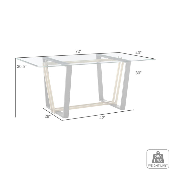 Kai 72" Rectangular Dining Table in Gold Stainless Steel and Black Iron Base with Glass Tabletop