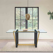 Kai 72" Rectangular Dining Table in Gold Stainless Steel and Black Iron Base with Glass Tabletop - Furniture City (CA)l