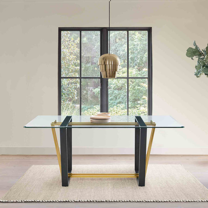 Kai 72" Rectangular Dining Table in Gold Stainless Steel and Black Iron Base with Glass Tabletop