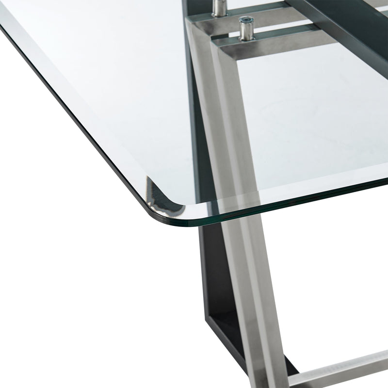 Kai 72" Rectangular Dining Table in Black Iron and Brushed Stainless Steel Base with Glass Tabletop - Furniture City (CA)l