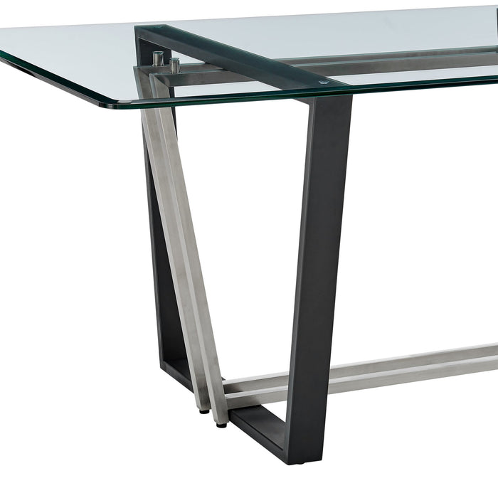 Kai 72" Rectangular Dining Table in Black Iron and Brushed Stainless Steel Base with Glass Tabletop