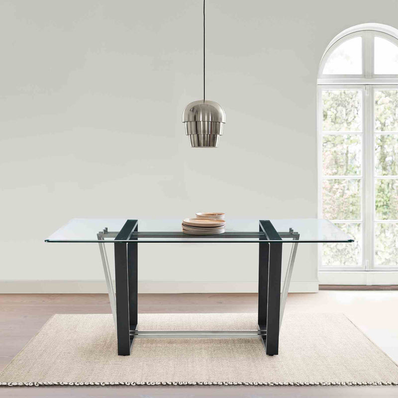 Kai 72" Rectangular Dining Table in Black Iron and Brushed Stainless Steel Base with Glass Tabletop - Furniture City (CA)l