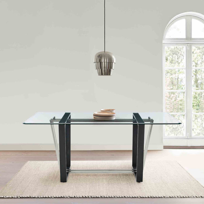Kai 72" Rectangular Dining Table in Black Iron and Brushed Stainless Steel Base with Glass Tabletop