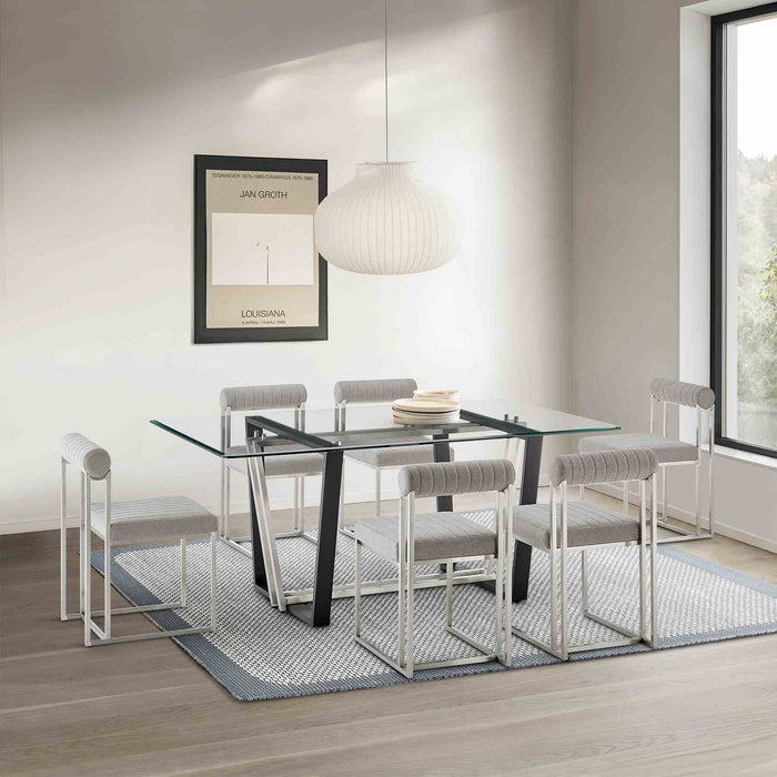 Kai 72" Rectangular Dining Table in Black Iron and Brushed Stainless Steel Base with Glass Tabletop