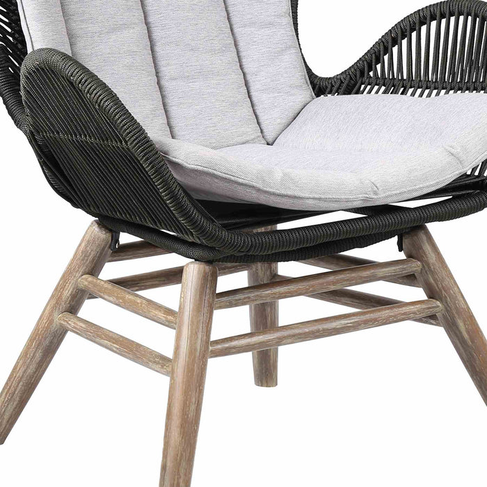 King Indoor Outdoor Lounge Chair in Light Eucalyptus Wood with Charcoal Rope and Gray Cushion