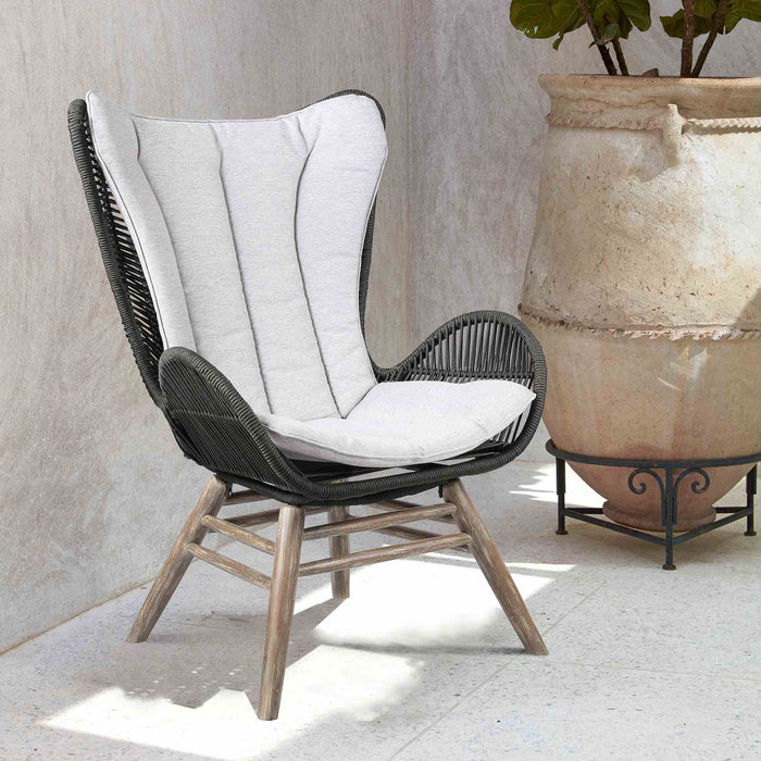 King Indoor Outdoor Lounge Chair in Light Eucalyptus Wood with Charcoal Rope and Gray Cushion