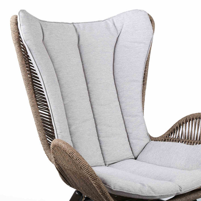 King Indoor Outdoor Lounge Chair in Dark Eucalyptus Wood with Truffle Rope and Gray Cushion