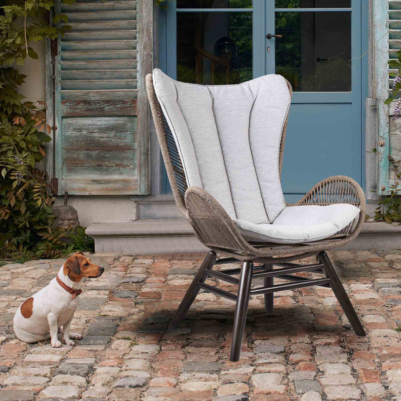 King Indoor Outdoor Lounge Chair in Dark Eucalyptus Wood with Truffle Rope and Gray Cushion - Furniture City (CA)l