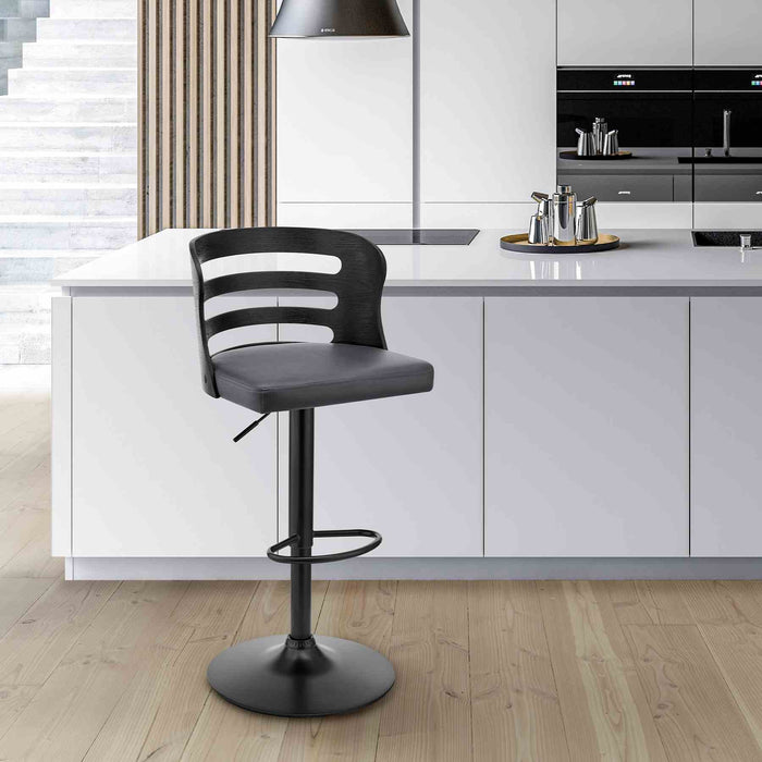 Khalia Adjustable Swivel Gray Faux Leather and Black Wood Bar Stool with Black Base