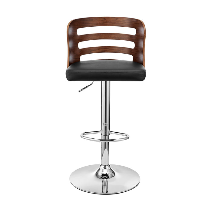 Khalia Adjustable Swivel Black Faux Leather and Walnut Wood Bar Stool with Chrome Base
