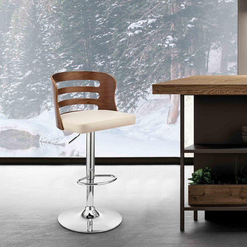 Khalia Adjustable Swivel Cream Faux Leather and Walnut Wood Bar Stool with Chrome Base - Furniture City (CA)l