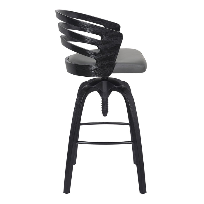 Kiara Contemporary Adjustable Barstool in Black Brushed Wood Finish and Gray Faux Leather