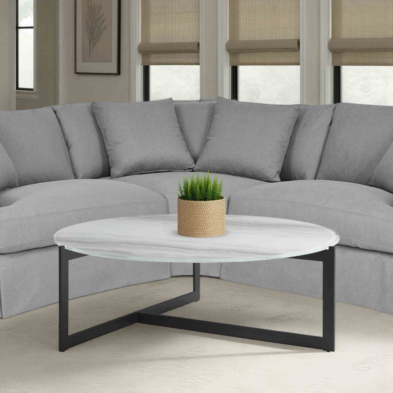 Krike Modern Industrial 40 in. Round White Coffee Table with Tempered Glass Top - Furniture City (CA)l