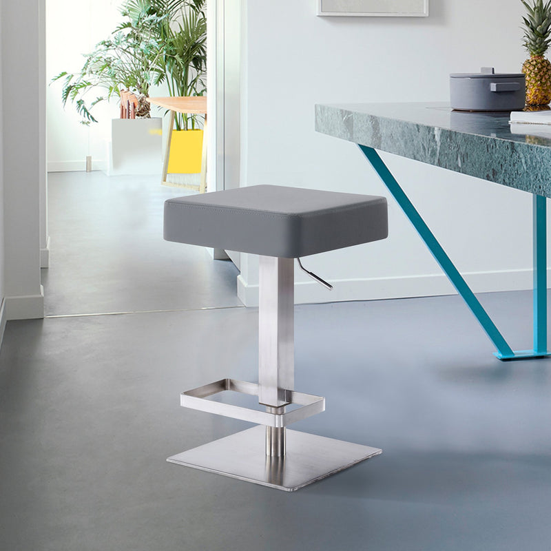 Kaylee Adjustable Height Swivel Gray Faux Leather and Brushed Stainless Steel Backless Bar Stool - Furniture City (CA)l