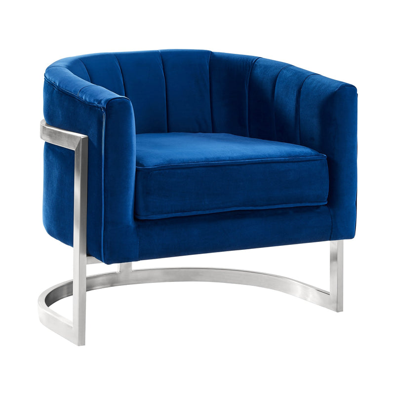Kamila Contemporary Accent Chair in Blue Velvet and Brushed Stainless Steel Finish - Furniture City (CA)l