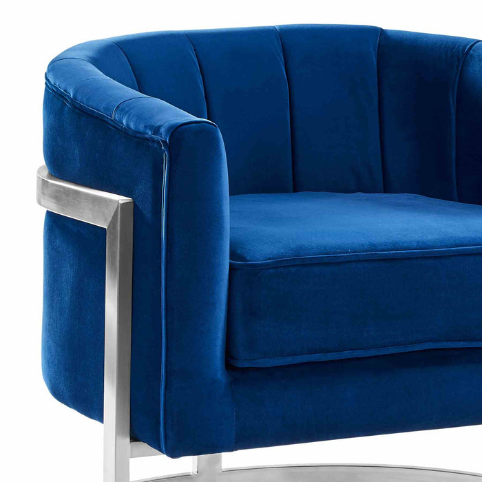 Kamila Contemporary Accent Chair in Blue Velvet and Brushed Stainless Steel Finish