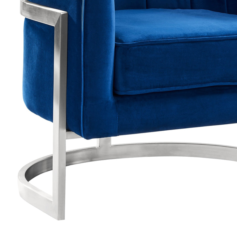 Kamila Contemporary Accent Chair in Blue Velvet and Brushed Stainless Steel Finish - Furniture City (CA)l