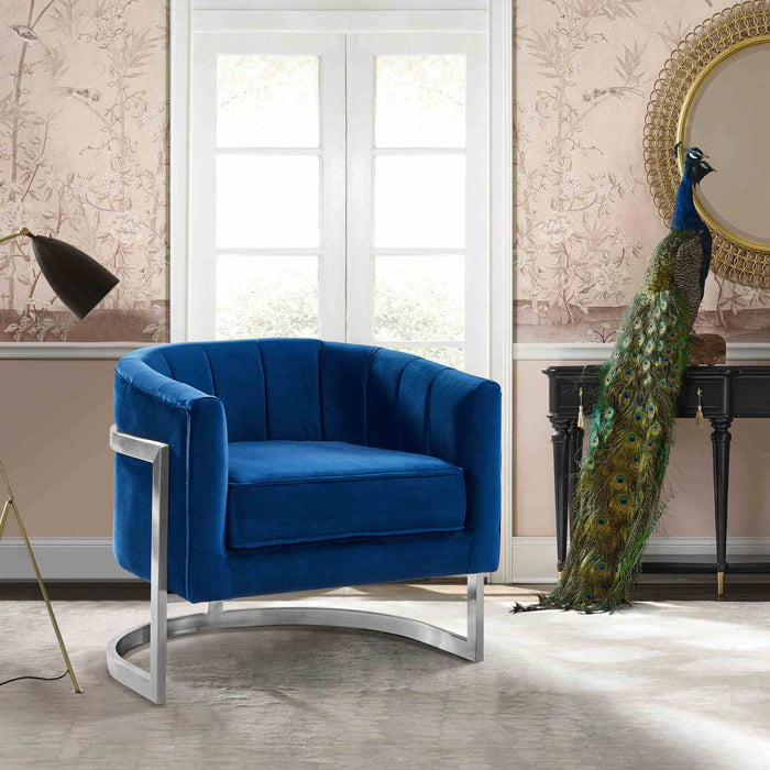 Kamila Contemporary Accent Chair in Blue Velvet and Brushed Stainless Steel Finish