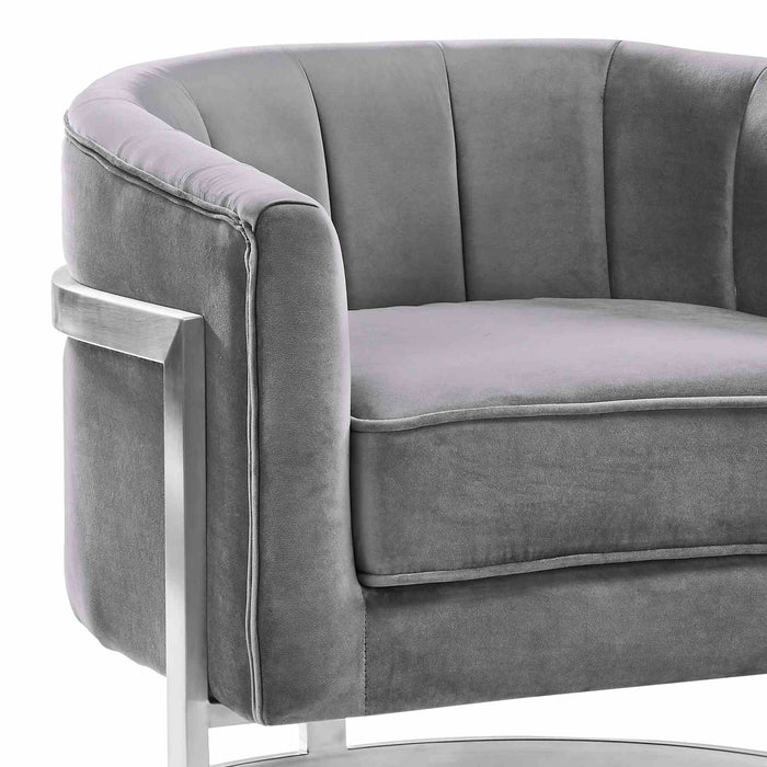 Kamila Contemporary Accent Chair in Gray Velvet and Brushed Stainless Steel Finish