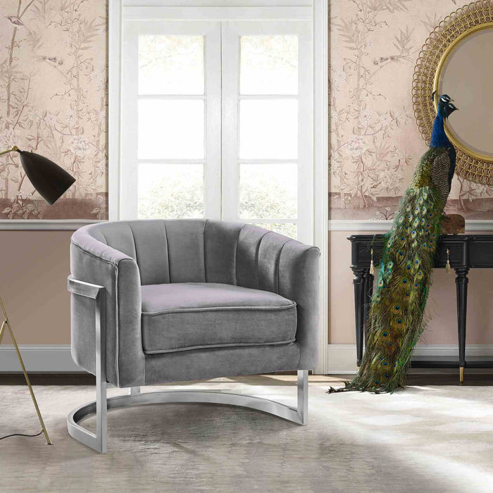 Kamila Contemporary Accent Chair in Gray Velvet and Brushed Stainless Steel Finish