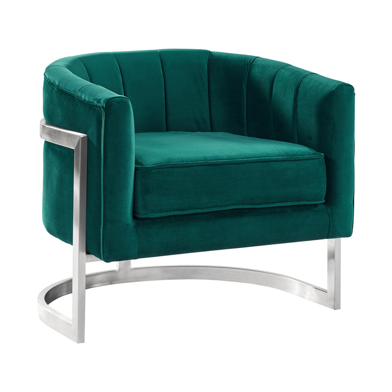 Kamila Contemporary Accent Chair in Green Velvet and Brushed Stainless Steel Finish - Furniture City (CA)l