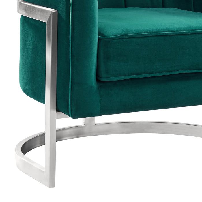 Kamila Contemporary Accent Chair in Green Velvet and Brushed Stainless Steel Finish