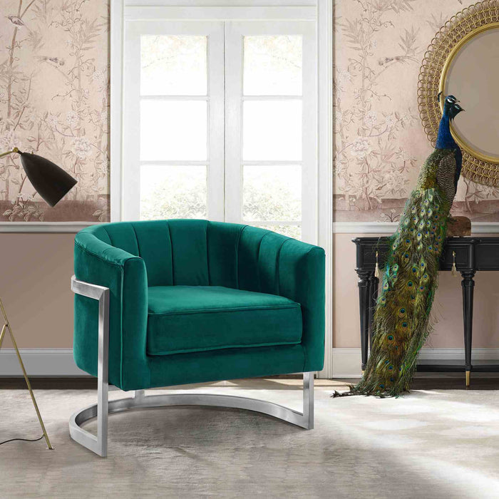 Kamila Contemporary Accent Chair in Green Velvet and Brushed Stainless Steel Finish