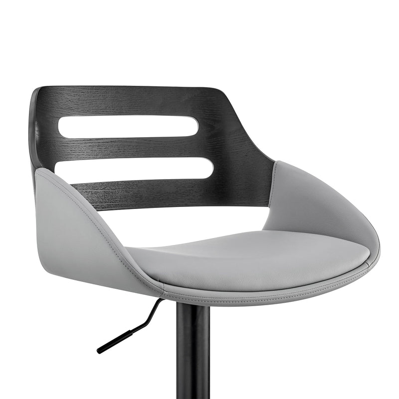Karter Adjustable Gray Faux Leather and Black Wood Bar Stool with Black Base - Furniture City (CA)l