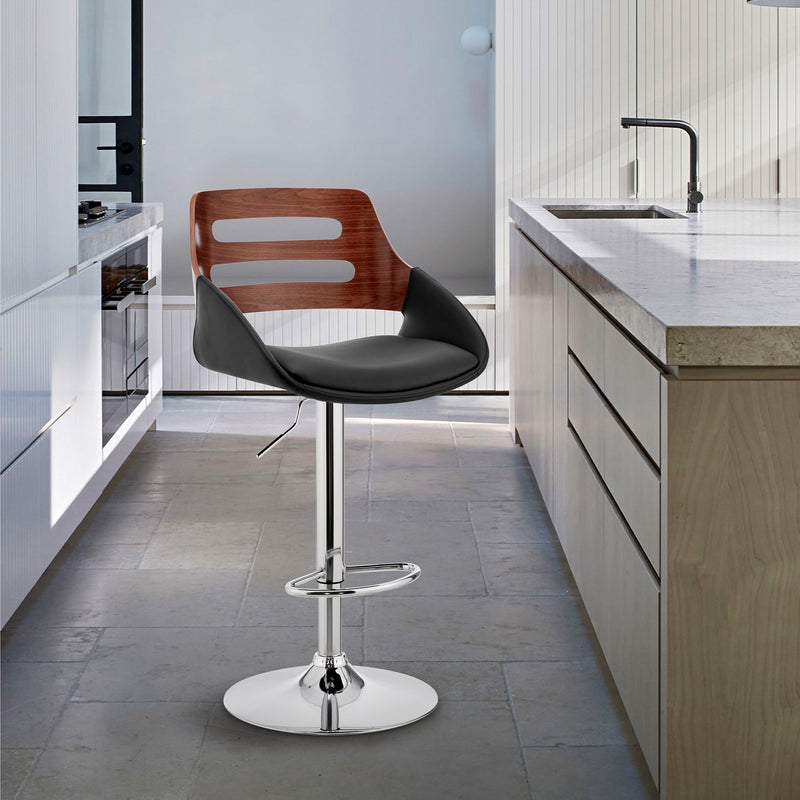 Karter Adjustable Black Faux Leather and Walnut Wood Bar Stool with Chrome Base - Furniture City (CA)l