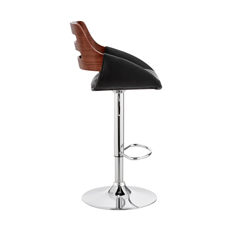 Karter Adjustable Black Faux Leather and Walnut Wood Bar Stool with Chrome Base - Furniture City (CA)l