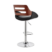 Karter Adjustable Black Faux Leather and Walnut Wood Bar Stool with Chrome Base - Furniture City (CA)l