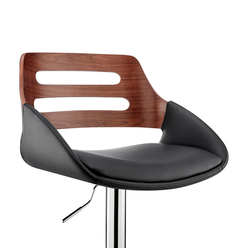 Karter Adjustable Black Faux Leather and Walnut Wood Bar Stool with Chrome Base - Furniture City (CA)l