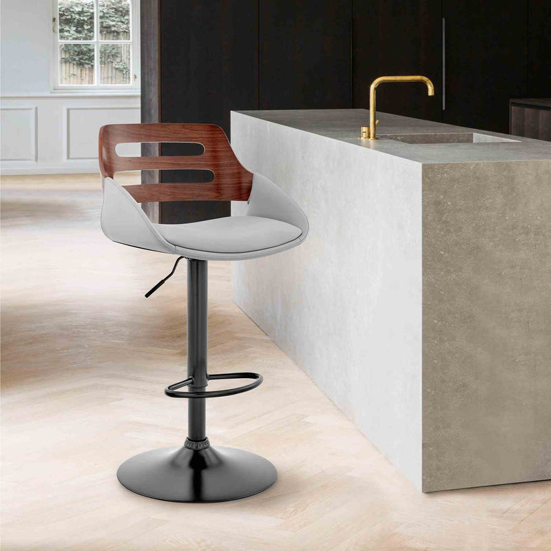 Karter Adjustable Gray Faux Leather and Walnut Wood Bar Stool with Black Base - Furniture City (CA)l