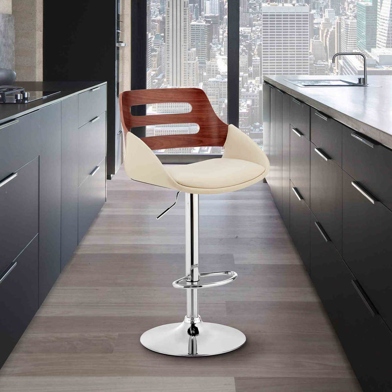 Karter Adjustable Cream Faux Leather and Walnut Wood Bar Stool with Chrome Base - Furniture City (CA)l