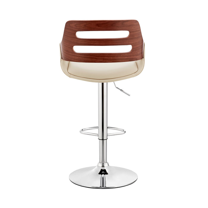 Karter Adjustable Cream Faux Leather and Walnut Wood Bar Stool with Chrome Base