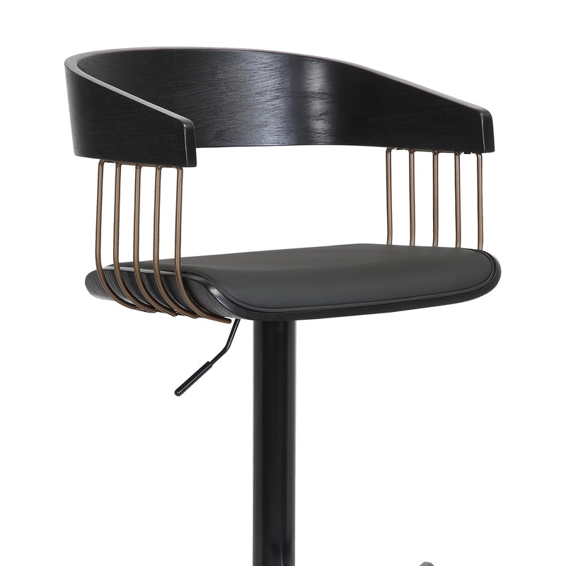 Larisa Adjustable Black Wood Bar Stool in Black Faux Leather with Golden Bronze and Black Metal - Furniture City (CA)l