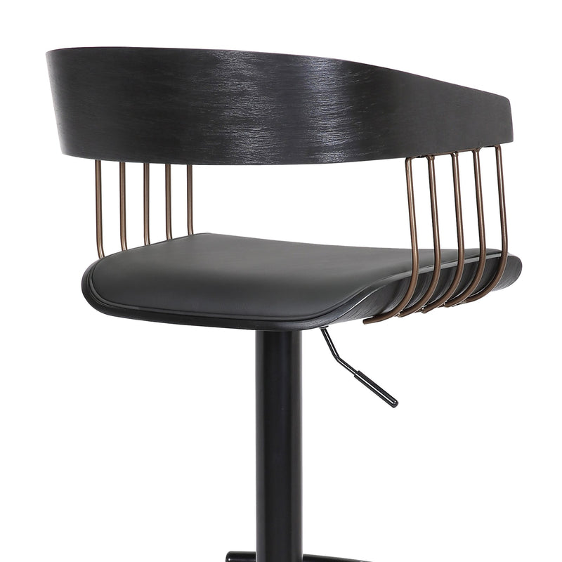 Larisa Adjustable Black Wood Bar Stool in Black Faux Leather with Golden Bronze and Black Metal - Furniture City (CA)l