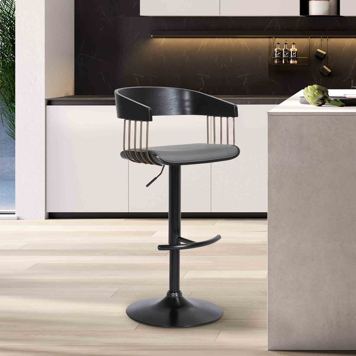 Larisa Adjustable Black Wood Bar Stool in Gray Faux Leather with Golden Bronze and Black Metal
